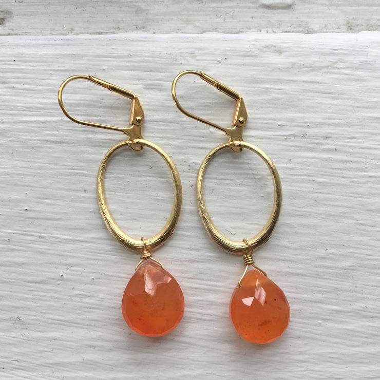 Gold Oval + Stone Earrings