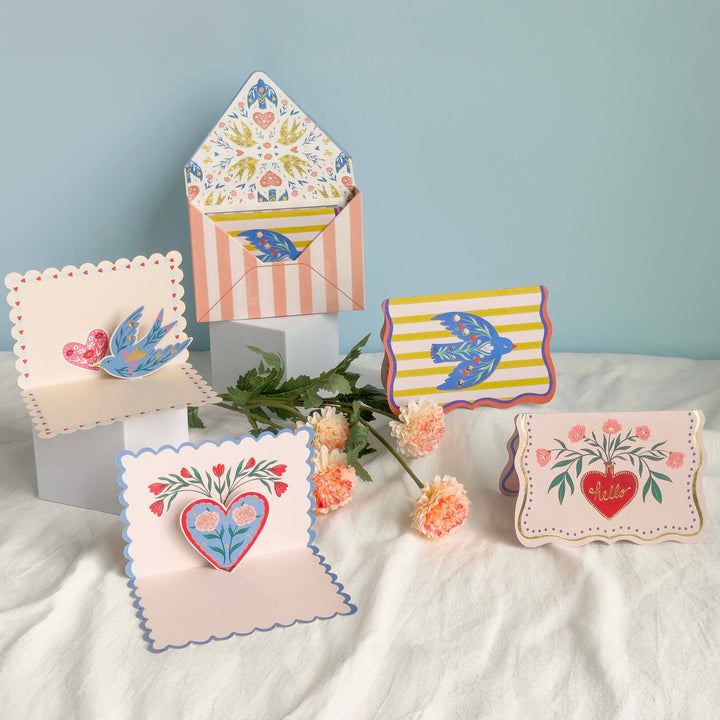 Boxed Blank Pop-Up Cards "Birds + Hearts"
