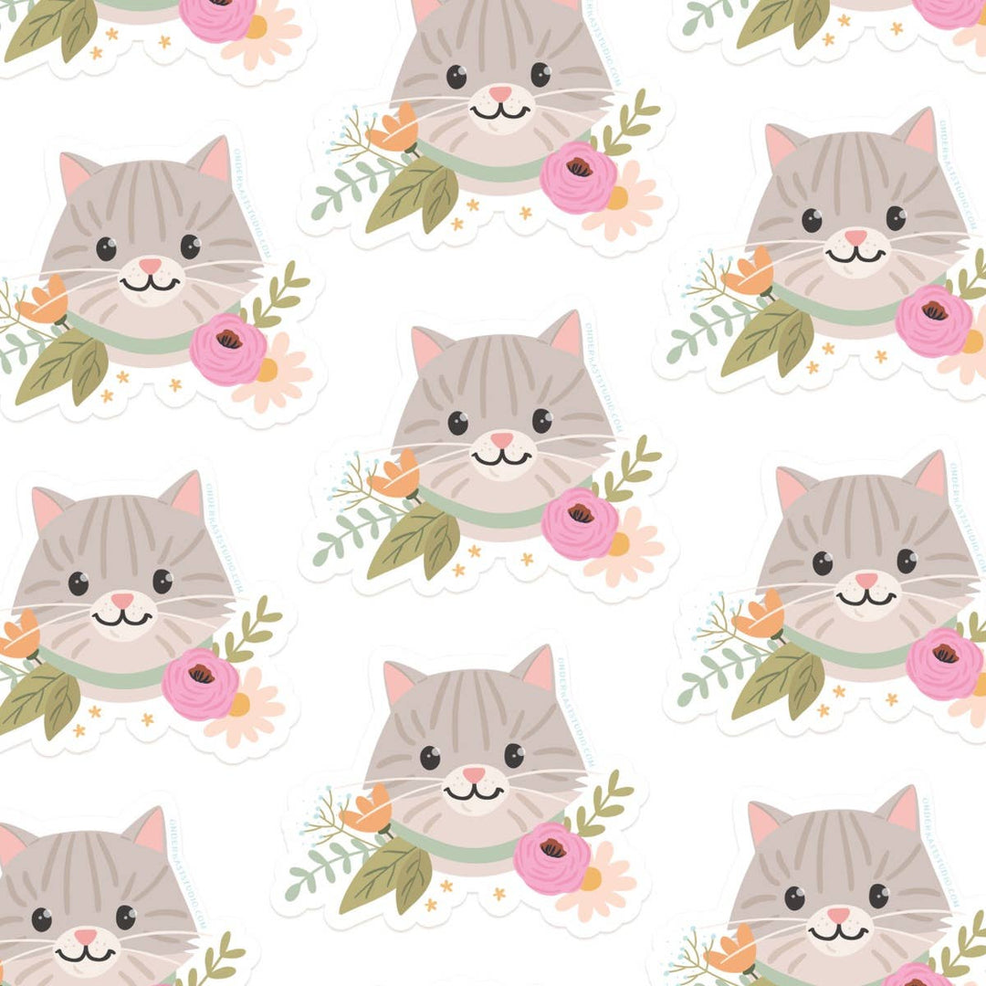 Sticker | Gray Tabby Cat Floral