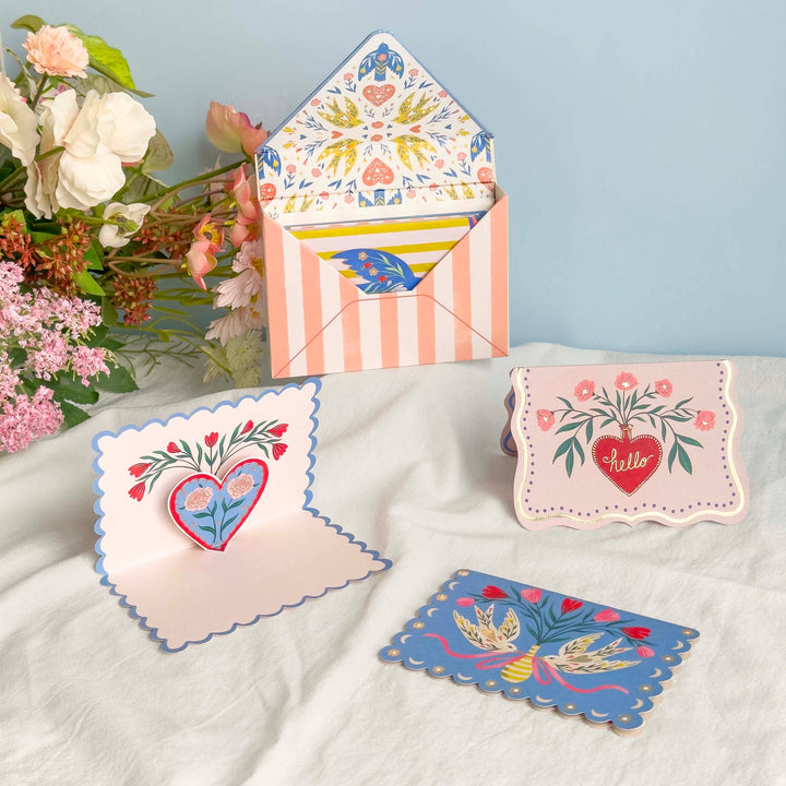 Boxed Blank Pop-Up Cards "Birds + Hearts"