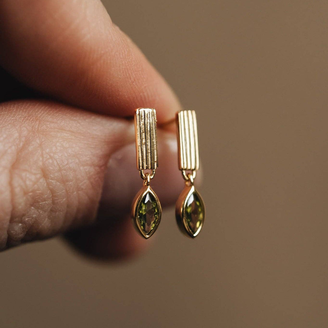 Ribbed Bar + Peridot Crystal Earrings
