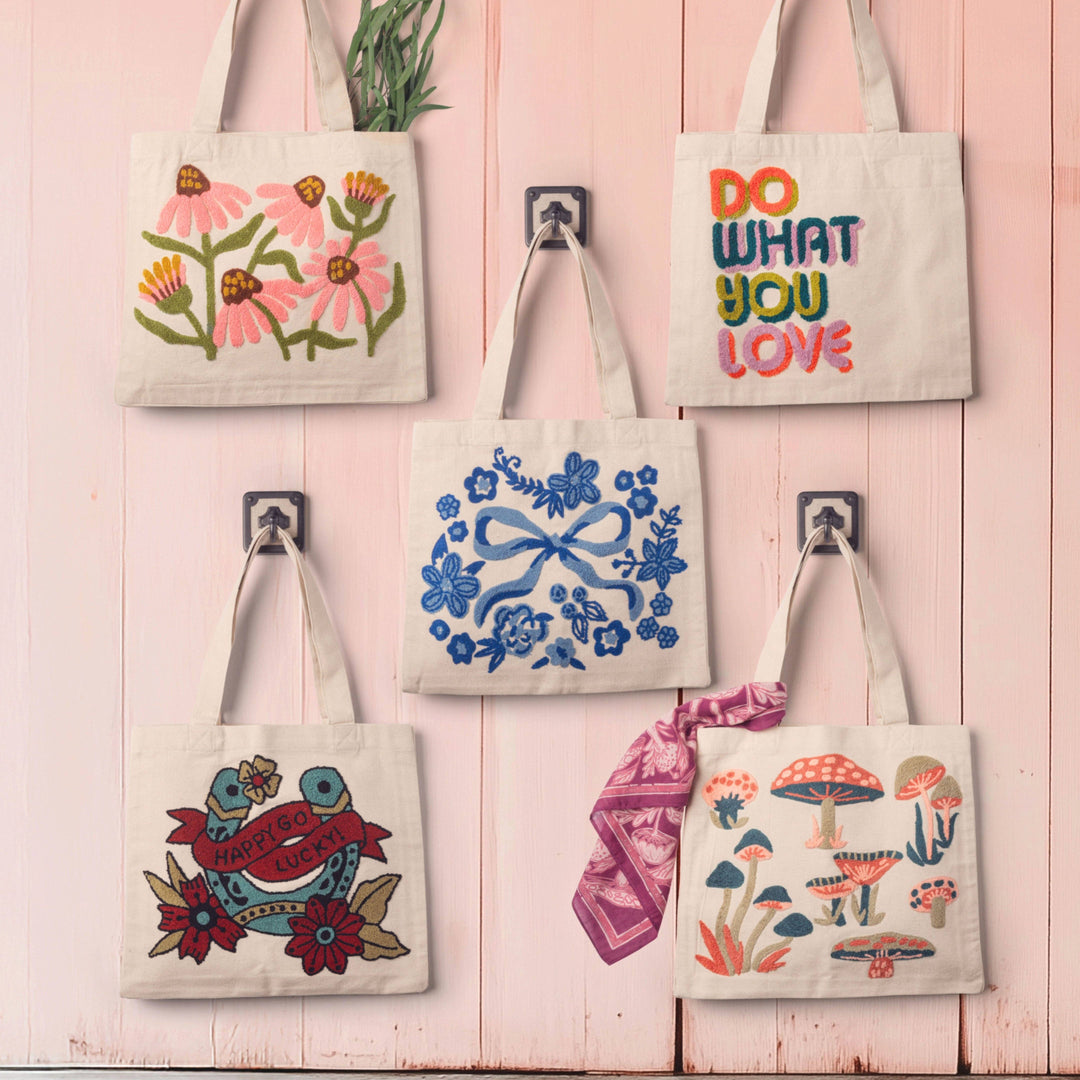 Canvas Tote Bag: Embroidered Mushrooms