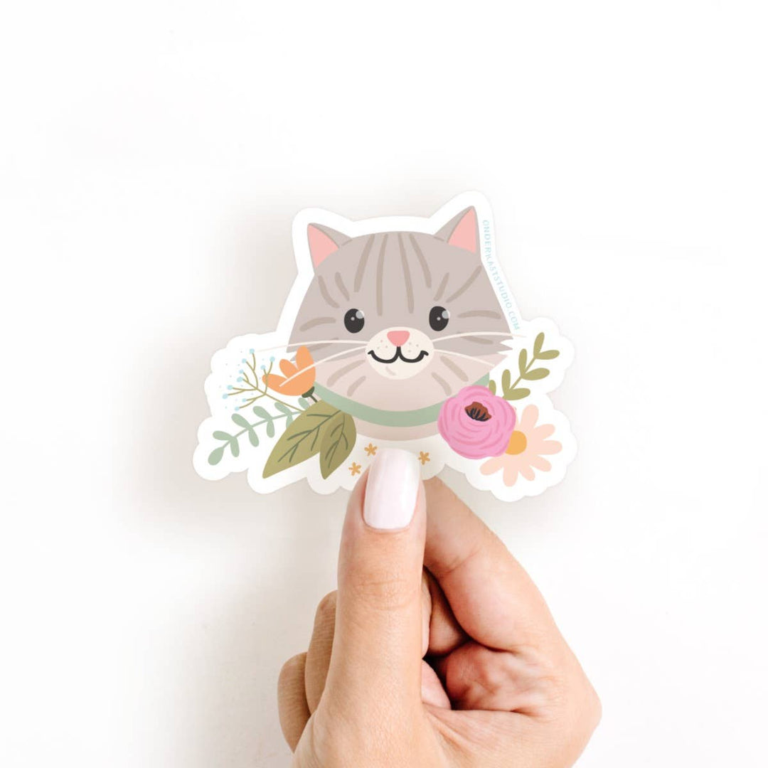 Sticker | Gray Tabby Cat Floral