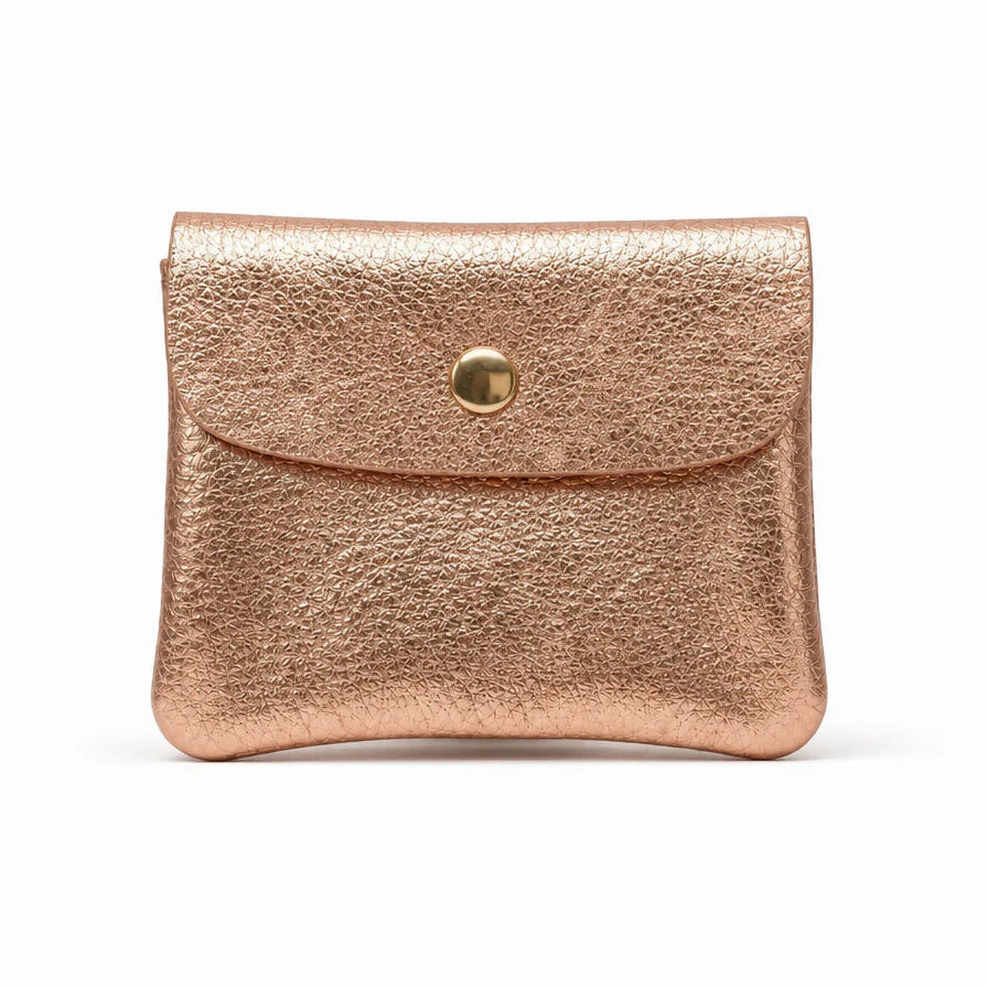 Rose gold wallet with a button on a white background