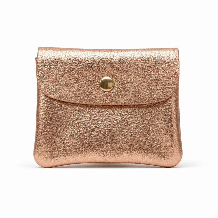 Rose gold wallet with a button on a white background