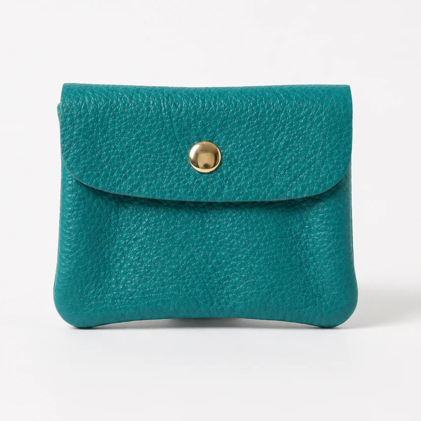 Teal leather wallet with a gold button on a white background