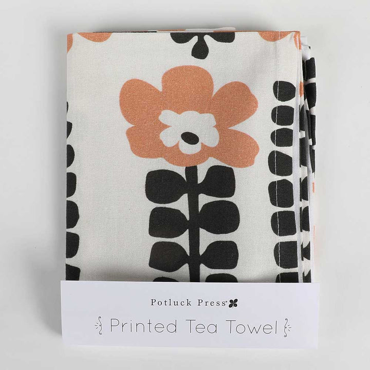 Cotton Tea Towel | Mod Black & Brown Flower Chains