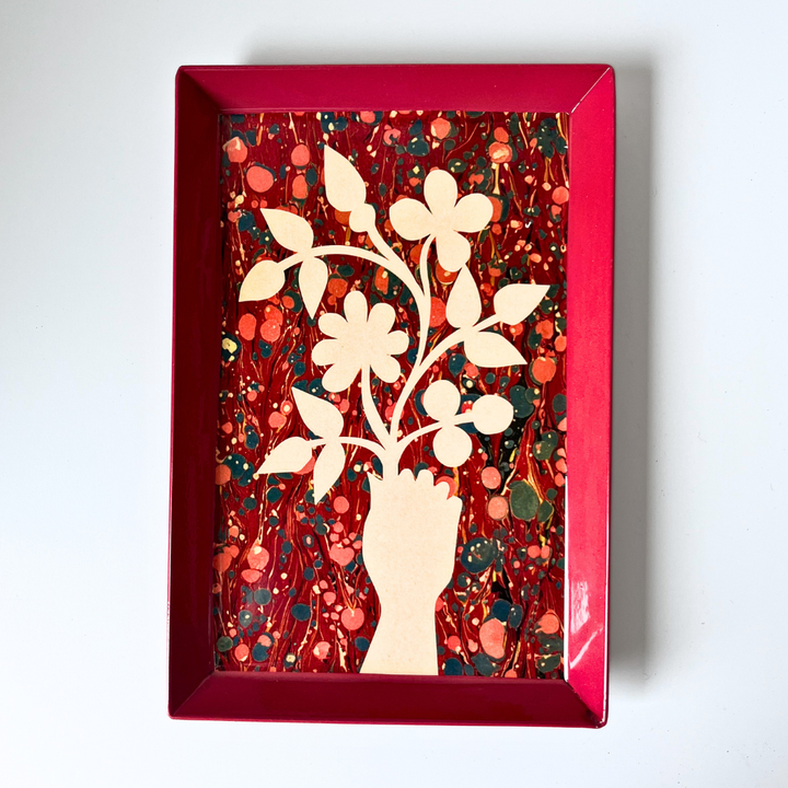 Enamel Tray | Flower Bouquet on Red