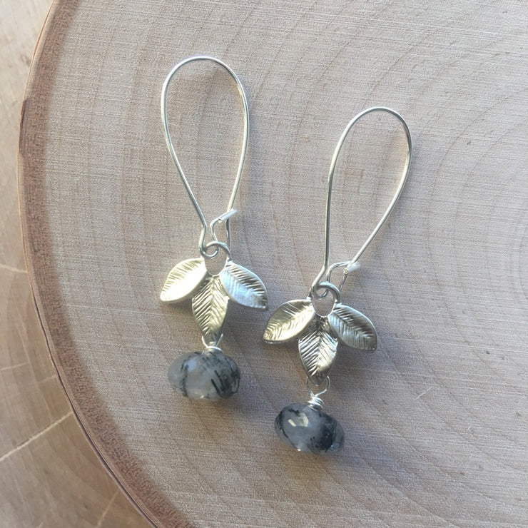 Silver Gemstone + Leaves Earrings