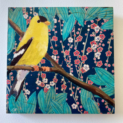 Goldfinch on Navy Floral Art Print