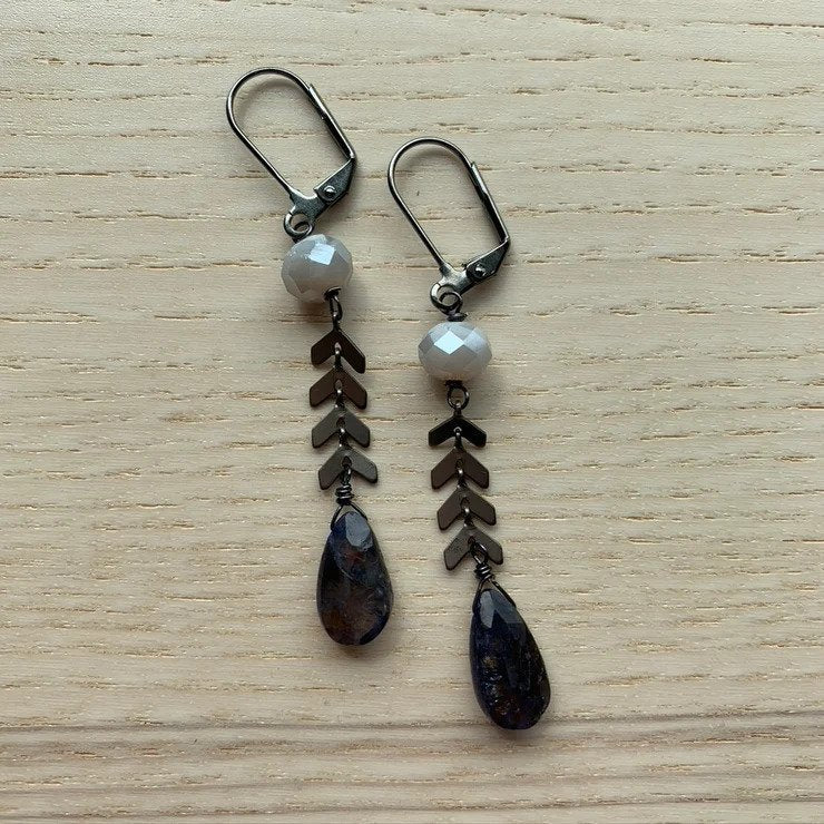 Gunmetal Chevron + Gemstone Earrings