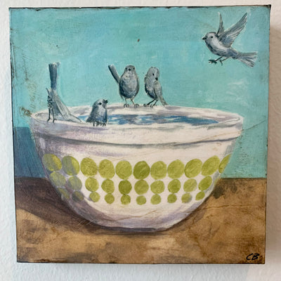 Bushtits and Mixing Bowl on Aqua Art Print
