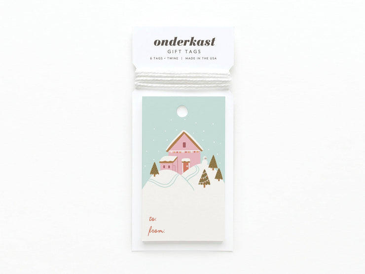 Gift Tag: Pink Winter House on a Hilltop